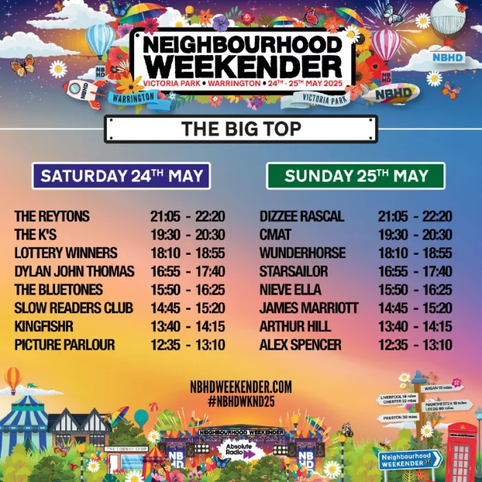Neighbourhood Weekender 2025 set times - The Big Top Stage